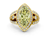 Yellow gold Fancy Yellow Marquise Cut Diamond Halo Ring with Split Shank and Bezel Accents and Four-Prong Setting