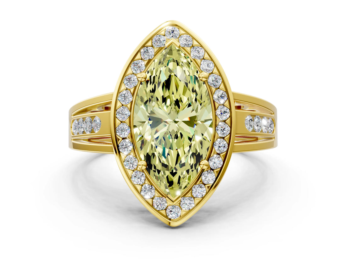 Yellow gold Fancy Yellow Marquise Cut Diamond Halo Ring with Split Shank and Bezel Accents and Prong Setting