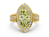 Yellow gold Fancy Yellow Marquise Cut Diamond Halo Ring with Split Shank and Bezel Accents and Prong Setting
