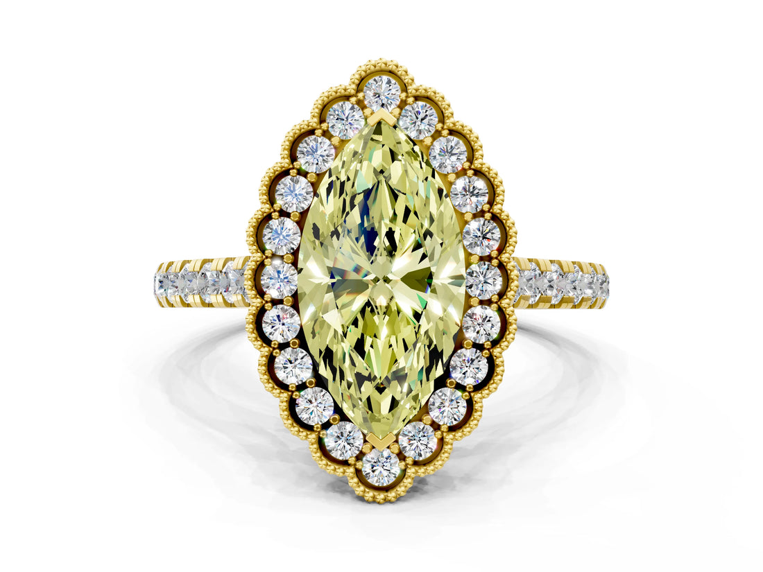 Yellow gold Fancy Yellow Marquise  Cut Diamond Milgrain Floral Halo Engagement Ring with Pavé Band_15