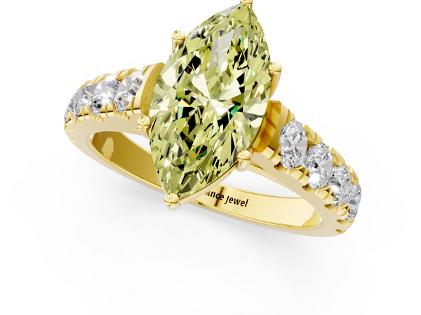 Yellow gold Fancy Yellow Marquise  Cut Diamond Solitaire Ring with Micro Pave Band and Prong Setting