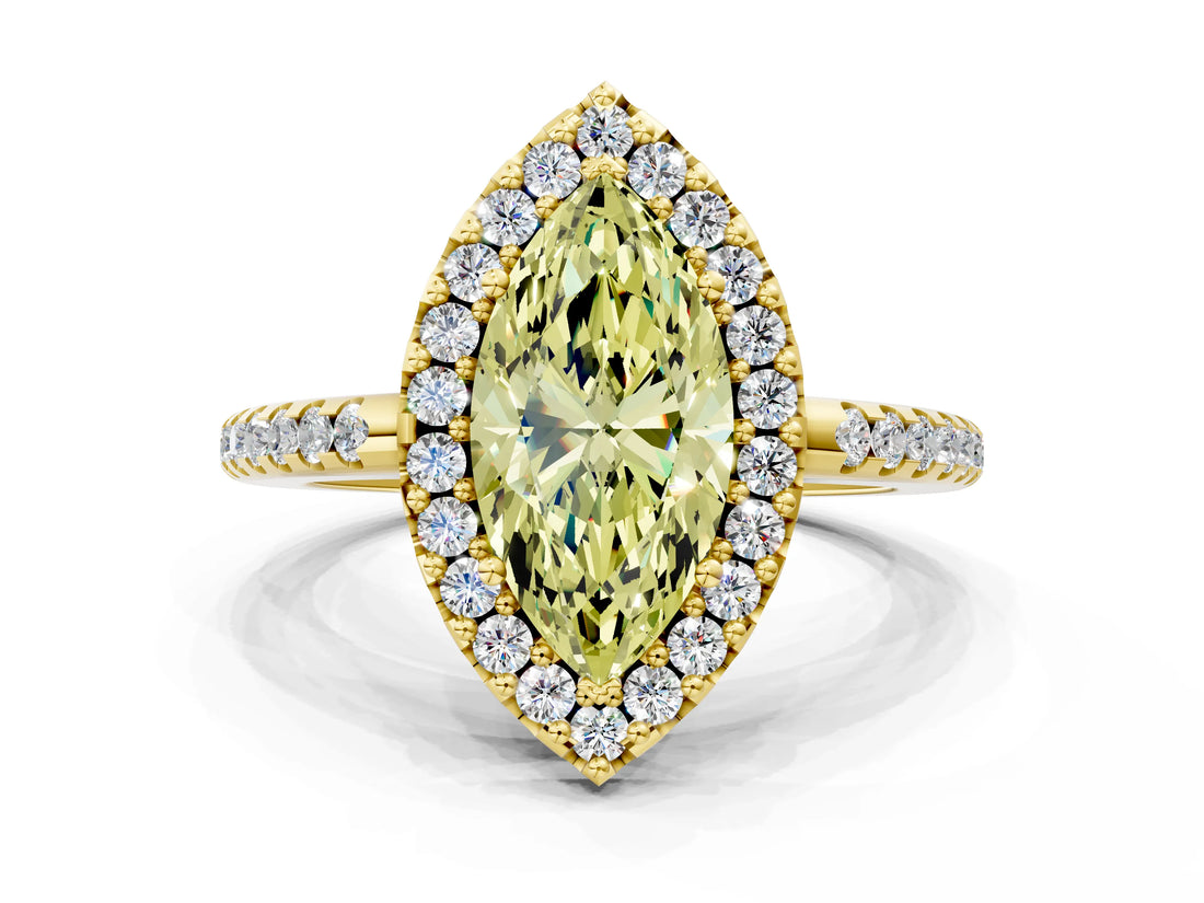 Yellow gold Fancy Yellow Marquise Cut Diamond Pavé Halo Ring with Four-Prong Setting_17
