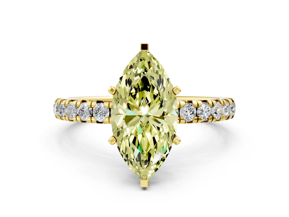 Yellow gold Fancy Yellow Marquise Cut Diamond Pavé Solitaire Ring with Round Band and Prong Setting_12