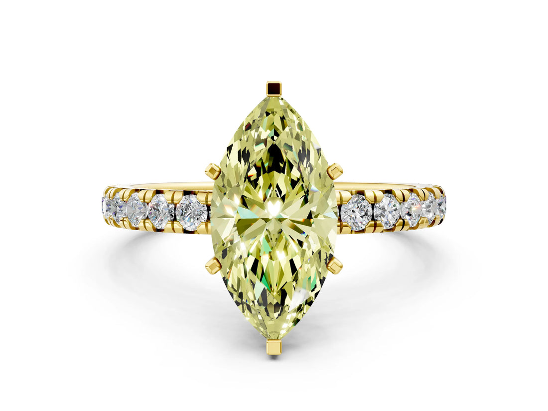 Yellow gold Fancy Yellow Marquise Cut Diamond Pavé Solitaire Ring with Round Band and Prong Setting_24