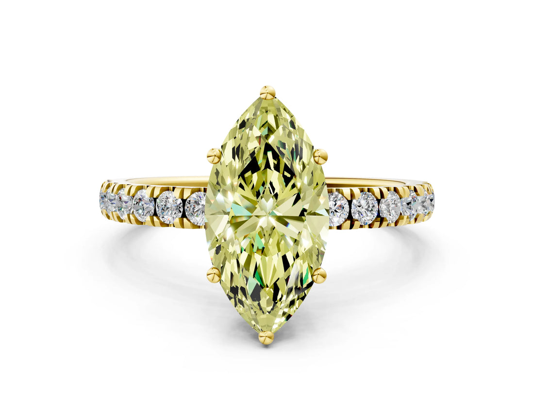 Yellow gold Fancy Yellow Marquise Cut Diamond Pave Band Solitaire Ring with Four-Prong Setting_17