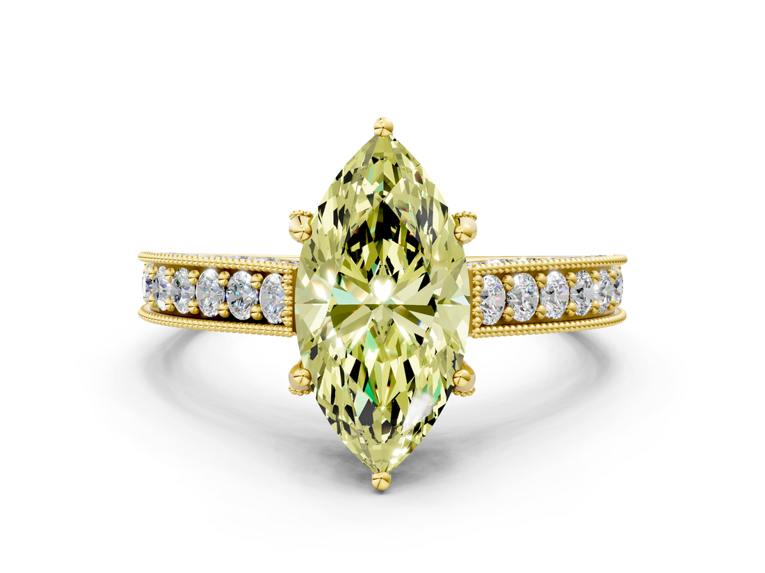 Yellow gold Fancy Yellow Marquise  Cut Diamond Pave Band with Four-Prong Setting