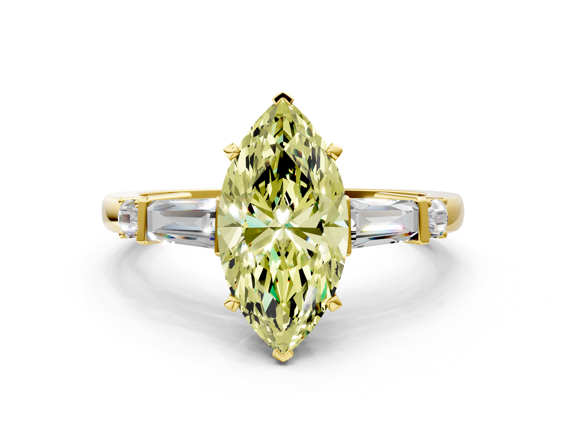Yellow gold Fancy Yellow Marquise  Cut Diamond Ring with Baguette Side Stones, Channel Set Band, and Four-Prong Setting
