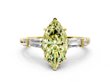 Yellow gold Fancy Yellow Marquise  Cut Diamond Ring with Baguette Side Stones, Channel Set Band, and Four-Prong Setting