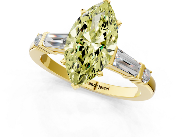 Yellow gold Fancy Yellow Marquise  Cut Diamond Ring with Baguette Side Stones, Channel Set Band, and Four-Prong Setting