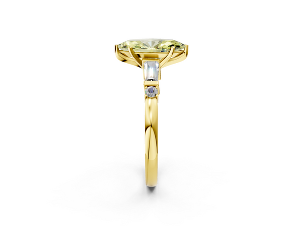Yellow gold Fancy Yellow Marquise  Cut Diamond Ring with Baguette Side Stones, Channel Set Band, and Four-Prong Setting