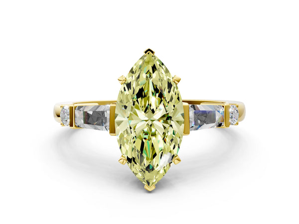 Yellow gold Fancy Yellow Marquise  Cut Diamond Ring with Baguette Side Stones, Channel Set Band, and Four-Prong Setting