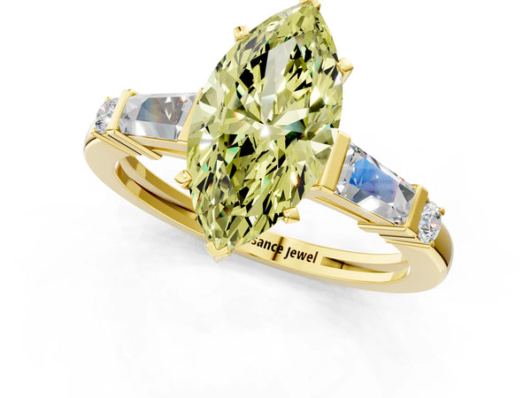 Yellow gold Fancy Yellow Marquise  Cut Diamond Ring with Baguette Side Stones, Channel Set Band, and Four-Prong Setting