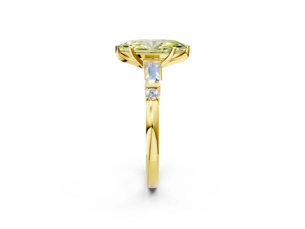 Yellow gold Fancy Yellow Marquise  Cut Diamond Ring with Baguette Side Stones, Channel Set Band, and Four-Prong Setting