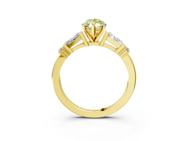 Yellow gold Fancy Yellow Marquise  Cut Diamond Ring with Baguette Side Stones, Channel Set Band, and Four-Prong Setting