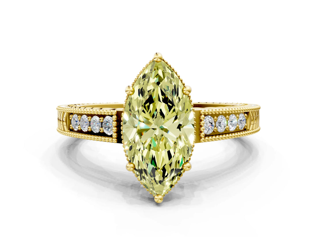 Yellow gold Fancy Yellow Marquise Cut Diamond Ring with Milgrain Pavé Band and Four-Prong Setting_20