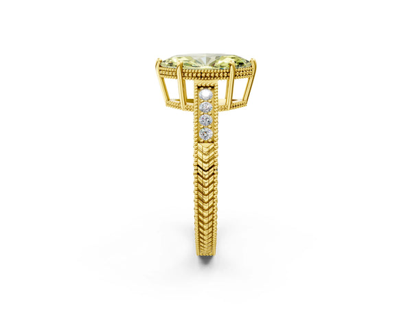 Yellow gold Fancy Yellow Marquise Cut Diamond Ring with Milgrain Pavé Band and Four-Prong Setting