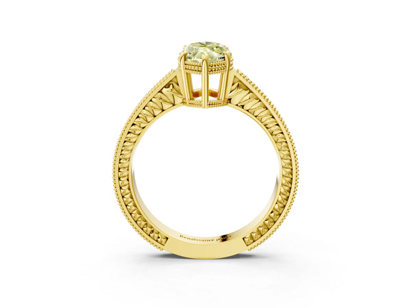 Yellow gold Fancy Yellow Marquise Cut Diamond Ring with Milgrain Pavé Band and Four-Prong Setting