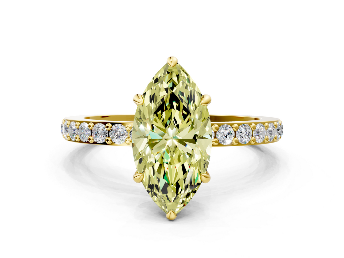 Yellow gold Fancy Yellow Marquise  Cut Diamond Ring with Pavé Band and Four-Prong Setting