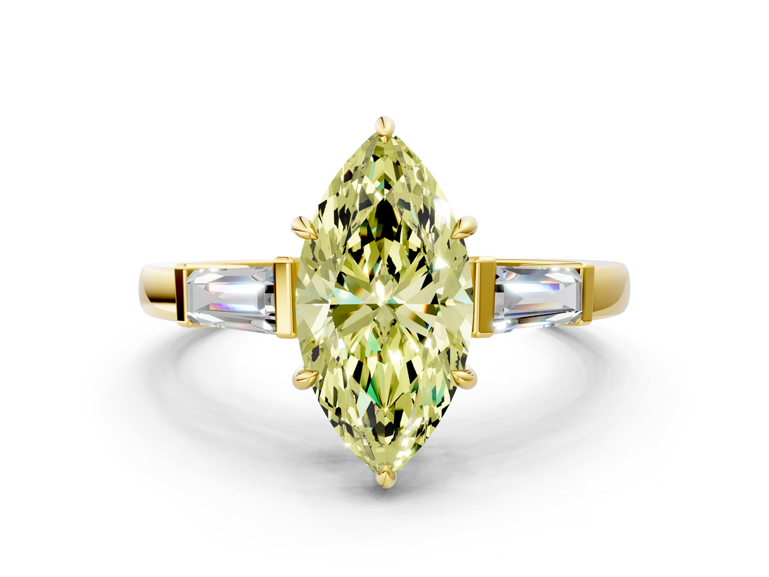 Yellow gold Fancy Yellow Marquise  Cut Diamond Ring with Tapered Baguette Side Stones in Four-Prong Setting