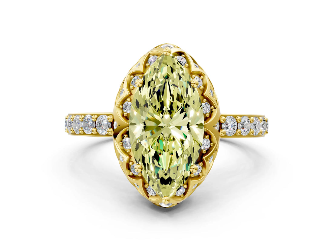 Yellow gold Fancy Yellow Marquise Cut Diamond Scalloped Halo Engagement Ring with Round Shared Prong Band_12
