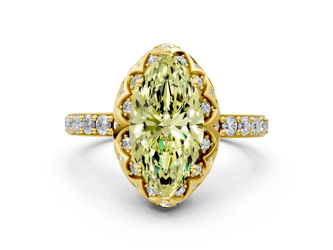 Yellow gold Fancy Yellow Marquise Cut Diamond Scalloped Halo Engagement Ring with Round Shared Prong Band_24