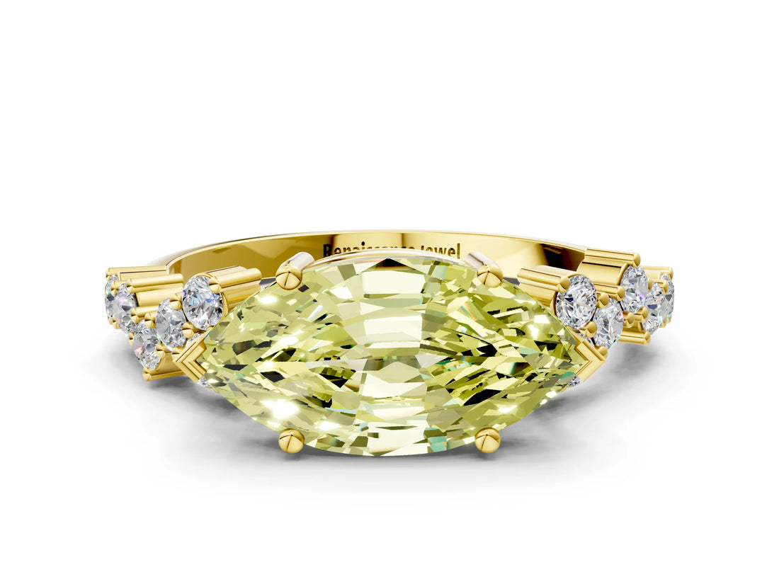 Yellow gold Fancy Yellow Marquise Cut Diamond Scattered Round Accent Ring with Prong Setting_12