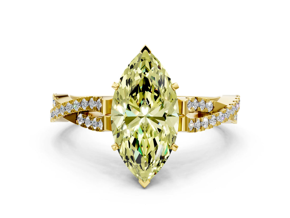 Yellow gold Fancy Yellow Marquise Cut Diamond Solitaire Engagement Ring with Twisted Pavé Band and Four-Prong Setting_44