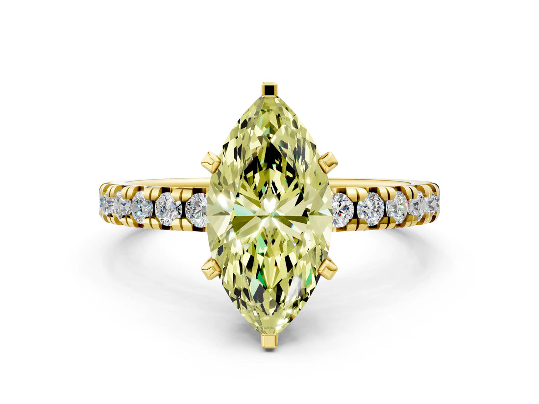 Yellow gold Fancy Yellow Marquise Cut Diamond Solitaire Pavé Engagement Ring with Round Band and Prong Setting_36