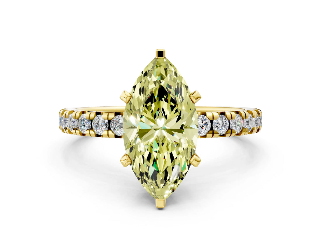 Yellow gold Fancy Yellow Marquise Cut Diamond Solitaire Pavé Engagement Ring with Round Band and Prong Setting_72