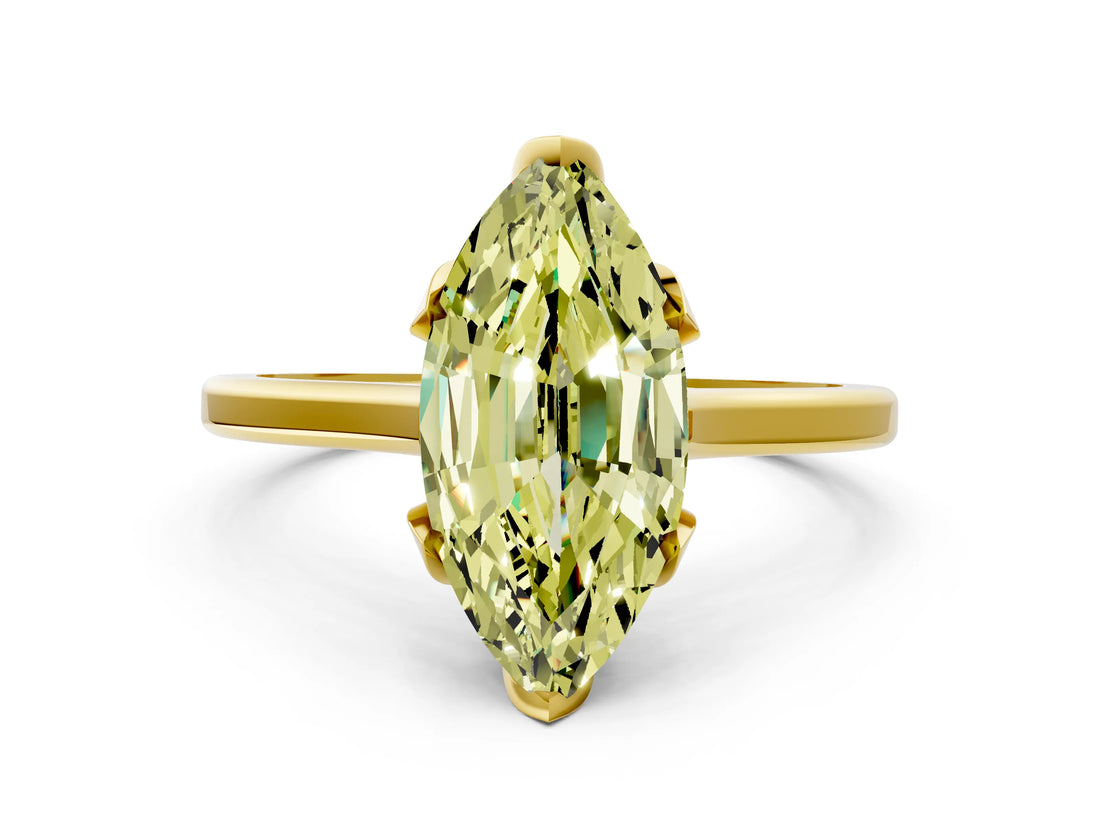 Yellow gold Fancy Yellow Marquise Cut Diamond Solitaire Ring with Flower Prong Setting and Classic Band_12