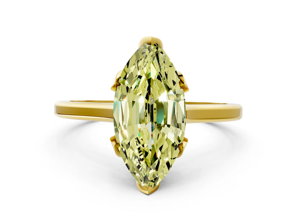 Yellow gold Fancy Yellow Marquise Cut Diamond Solitaire Ring with Flower Prong Setting and Classic Band