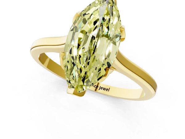 Yellow gold Fancy Yellow Marquise Cut Diamond Solitaire Ring with Flower Prong Setting and Classic Band