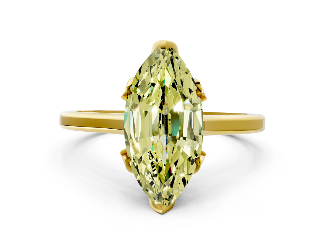 Yellow gold Fancy Yellow Marquise Cut Diamond Solitaire Ring with Flower Prong Setting and Classic Band_40