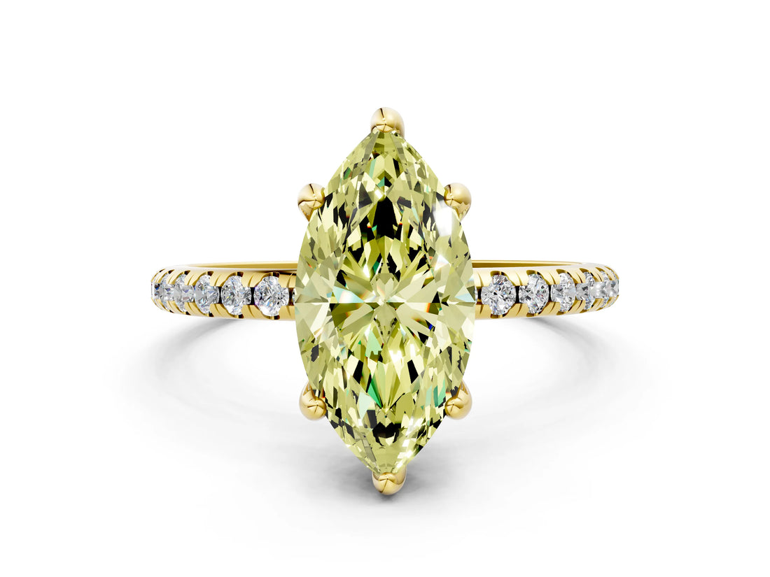 Yellow gold Fancy Yellow Marquise Cut Diamond Solitaire Ring with Four-Prong Setting and Pavé Band_3