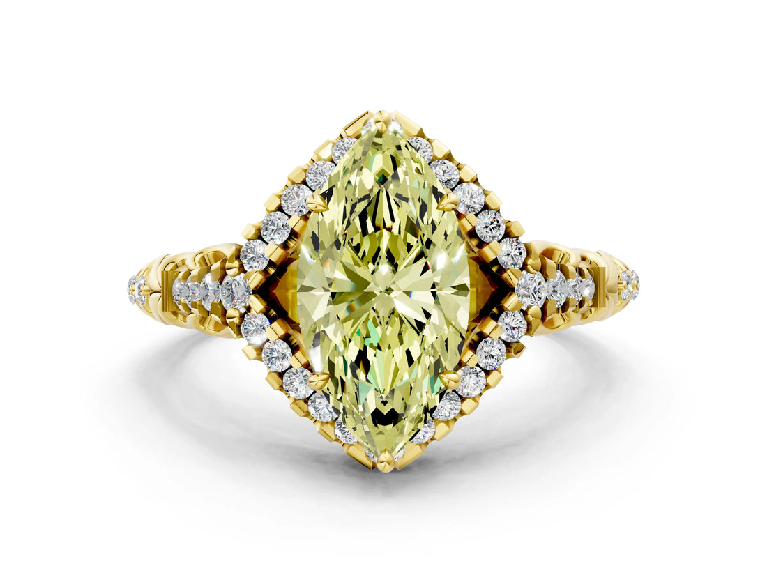 Yellow gold Fancy Yellow Marquise Cut Diamond Solitaire Ring with Hidden Halo and Pavé Band_27
