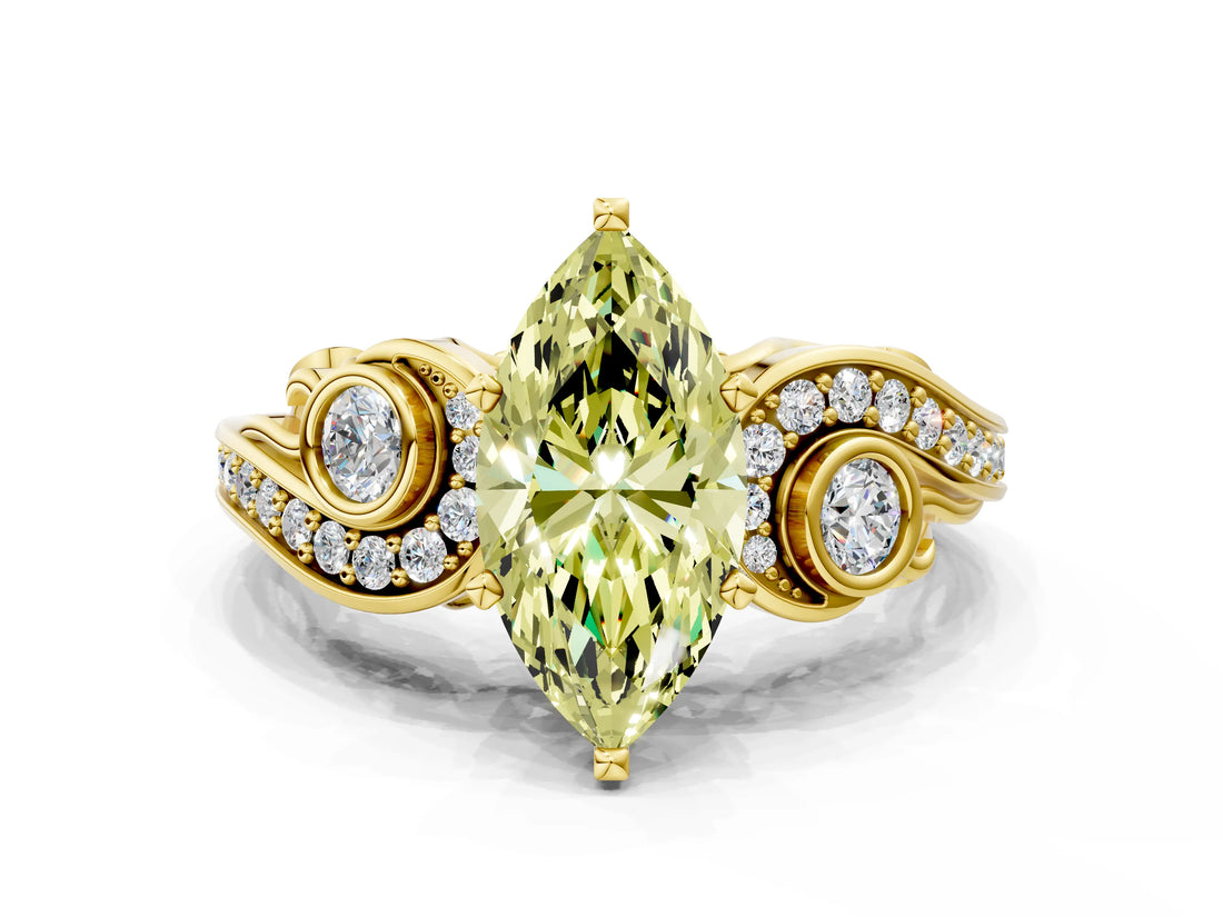 Yellow gold Fancy Yellow Marquise Cut Diamond Solitaire Ring with Milgrain Pavé Band and Four-Prong Setting_18