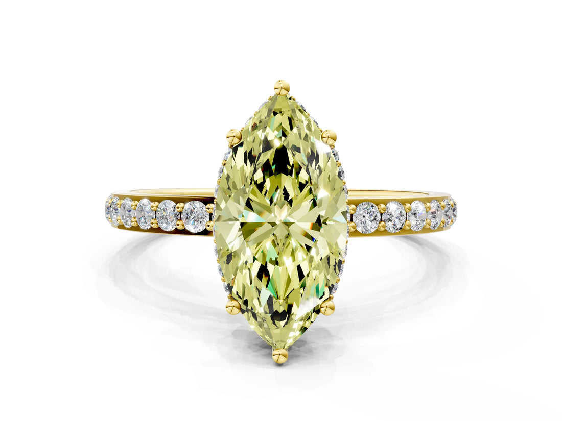 Yellow gold Fancy Yellow Marquise Cut Diamond Solitaire Ring with Pavé Band and Hidden Halo_20