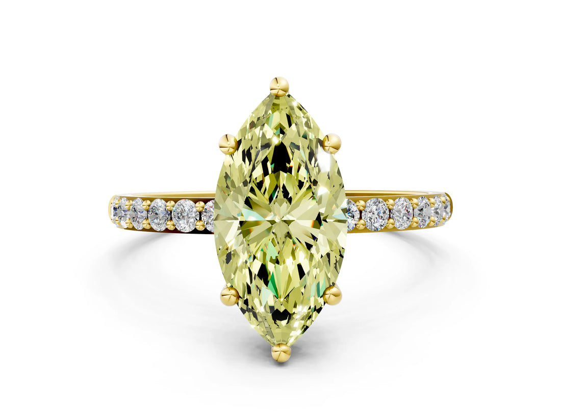Yellow gold Fancy Yellow Marquise Cut Diamond Solitaire Ring with Pave Band and Four Prong Setting_12