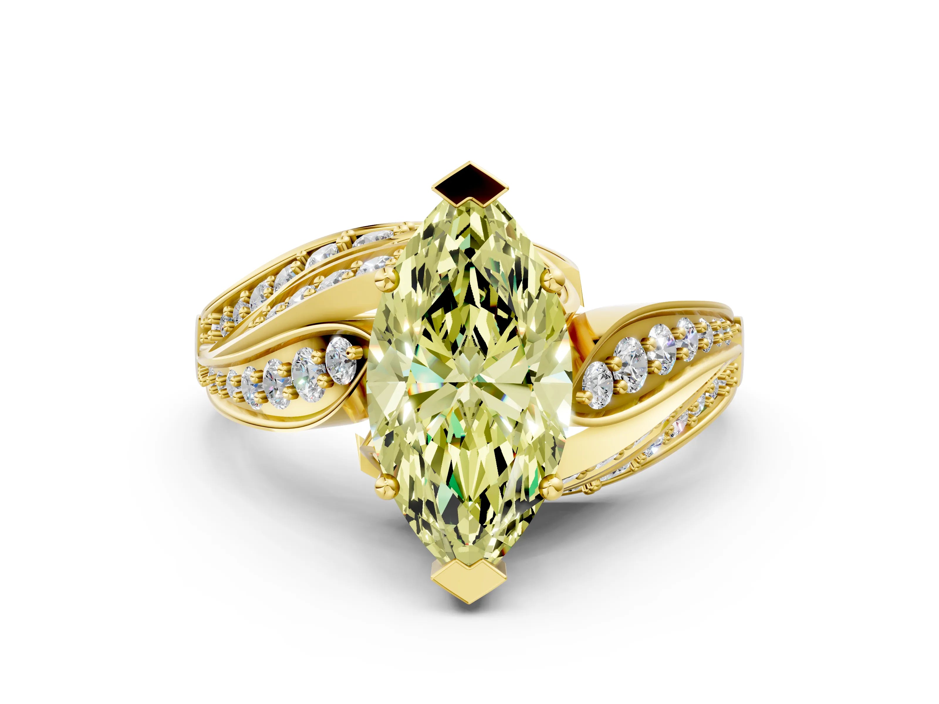 Yellow gold Fancy Yellow Marquise Cut Diamond Solitaire Ring with Prong Setting and Twisted Pavé Band
