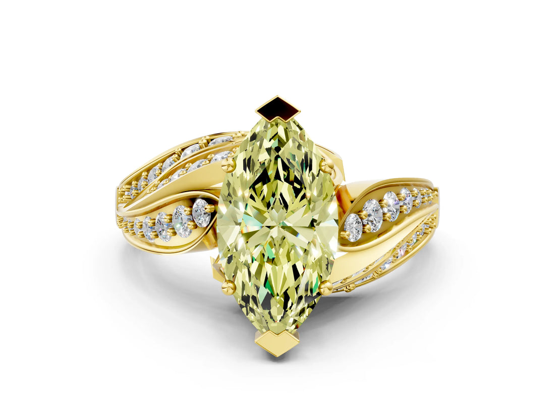 Yellow gold Fancy Yellow Marquise Cut Diamond Solitaire Ring with Prong Setting and Twisted Pavé Band_12