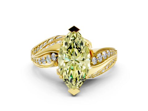 Yellow gold Fancy Yellow Marquise Cut Diamond Solitaire Ring with Prong Setting and Twisted Pavé Band