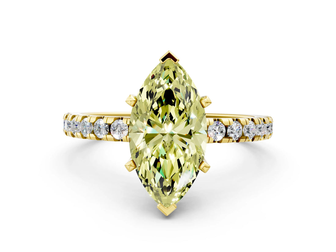 Yellow gold Fancy Yellow Marquise Cut Diamond Solitaire Ring with Round  Pavé Band and Four-Prong Setting_36