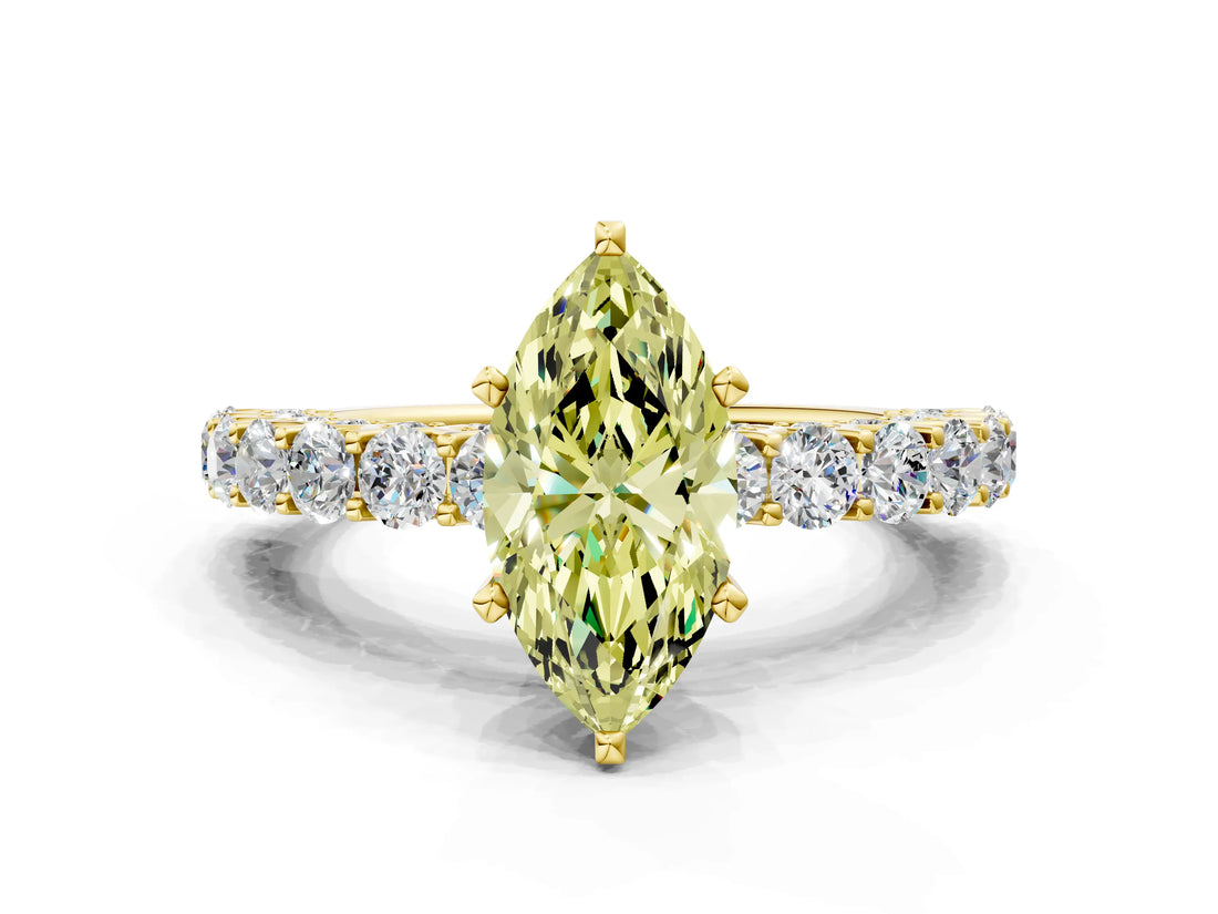 Yellow gold Fancy Yellow Marquise Cut Diamond Solitaire Ring with Shared Prong Pavé Band and Four-Prong Setting_33