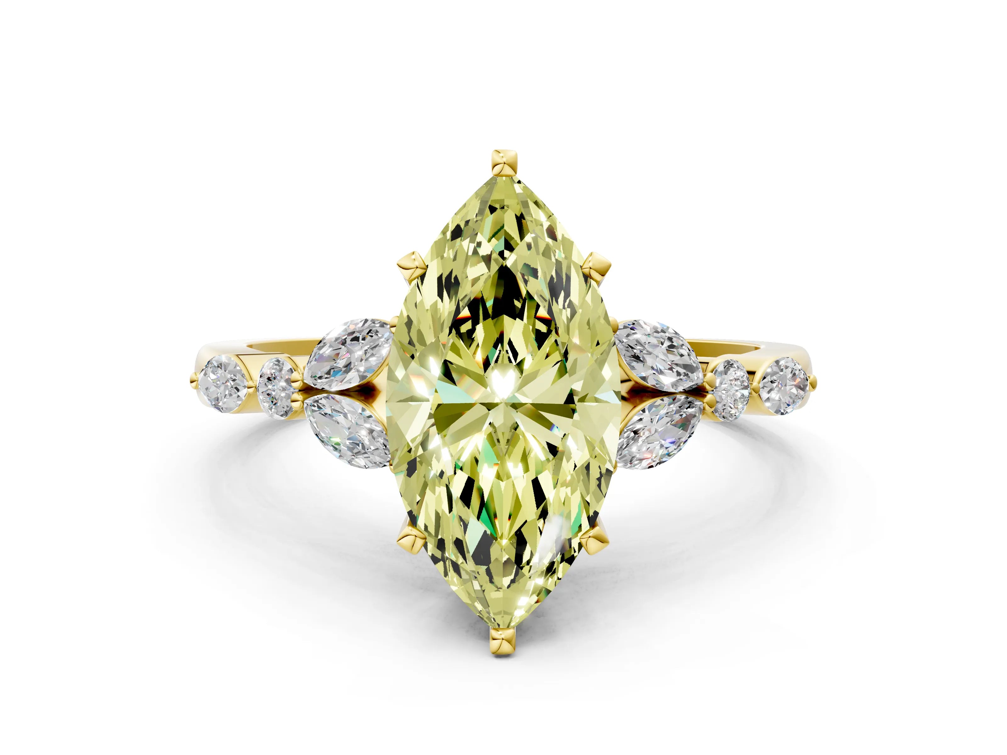 Yellow gold Fancy Yellow Marquise Cut Diamond Solitaire Ring with Side Stones and Four-Prong Setting_29