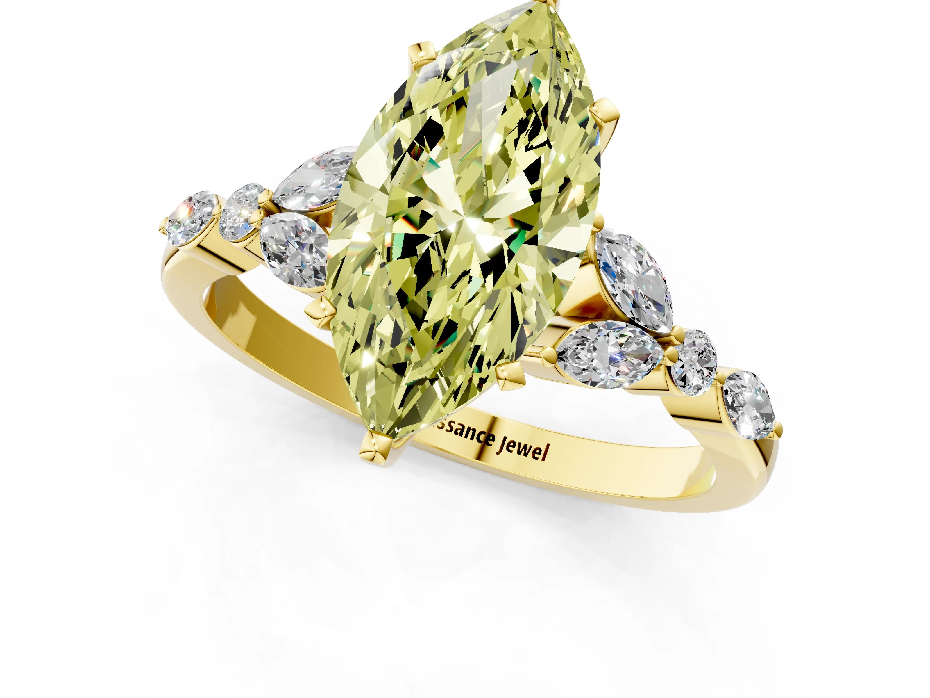 Yellow gold Fancy Yellow Marquise Cut Diamond Solitaire Ring with Side Stones and Four-Prong Setting_30