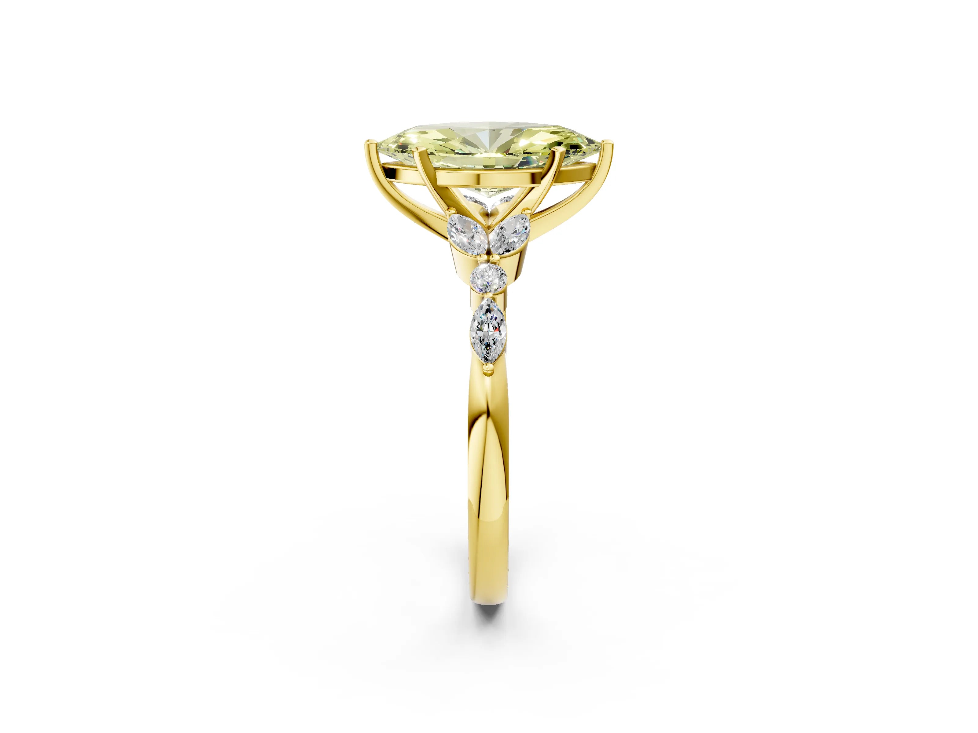 Yellow gold Fancy Yellow Marquise Cut Diamond Solitaire Ring with Side Stones and Four-Prong Setting_31