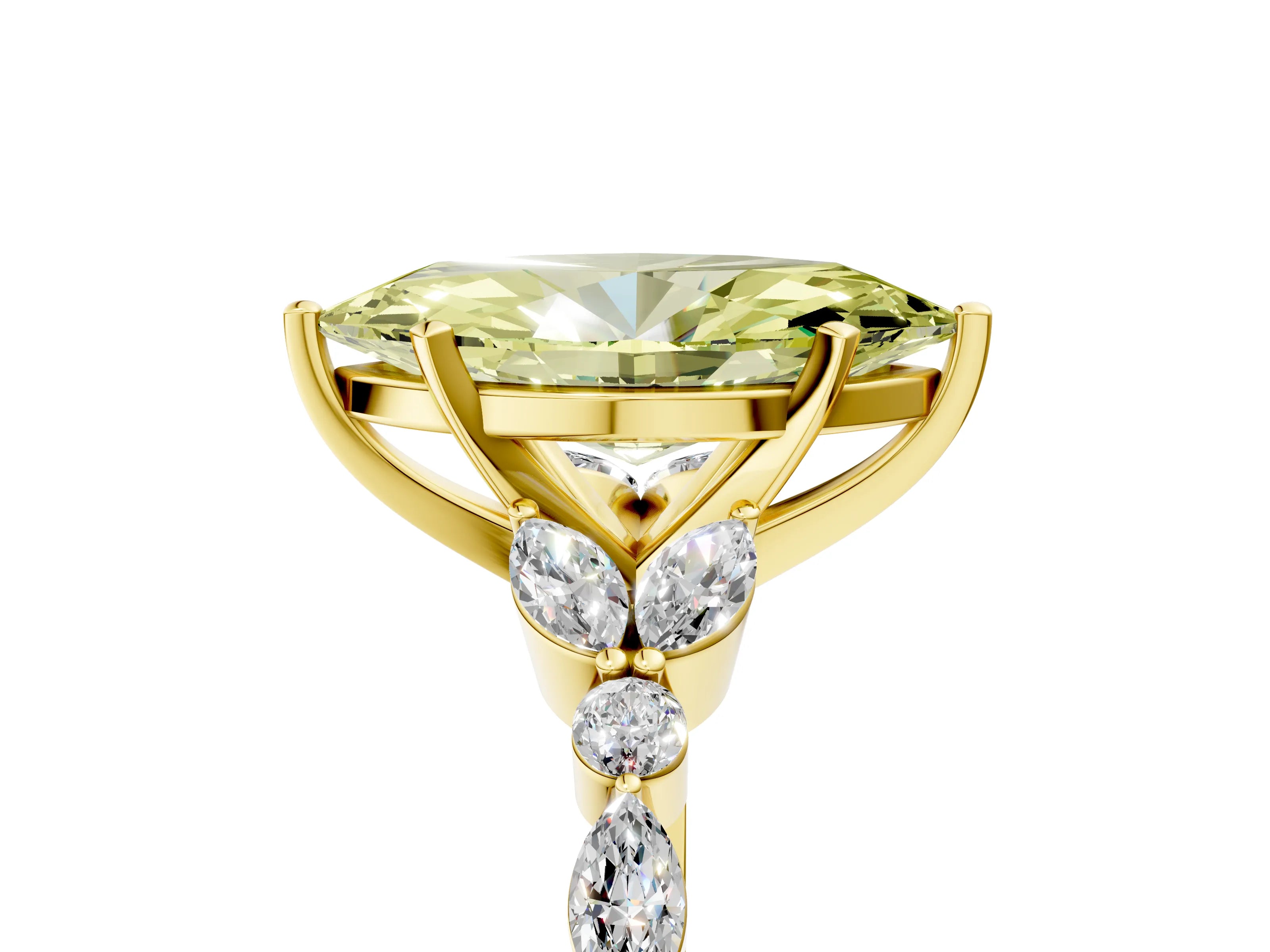 Yellow gold Fancy Yellow Marquise Cut Diamond Solitaire Ring with Side Stones and Four-Prong Setting_34
