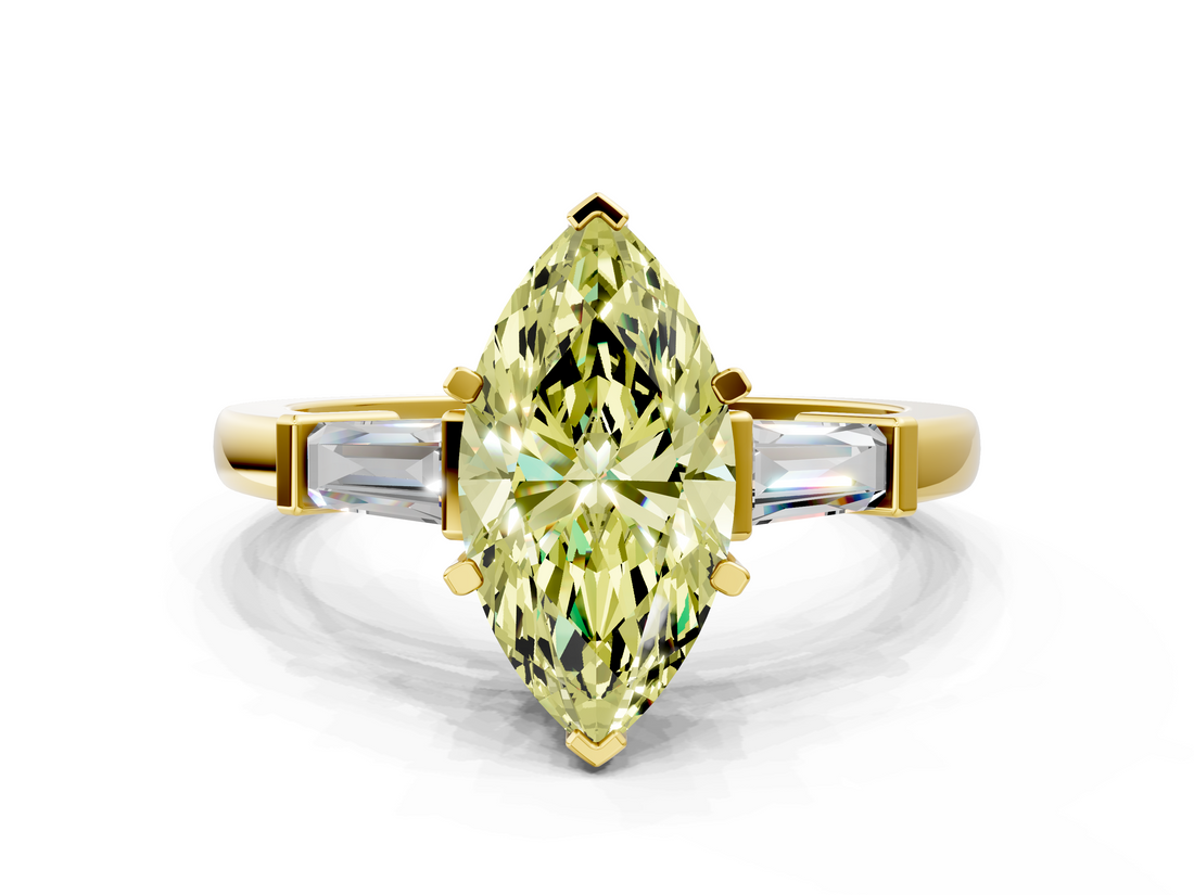 Yellow gold Fancy Yellow Marquise  Cut Diamond Solitaire Ring with Tapered Baguette Accents and Four-Prong Setting
