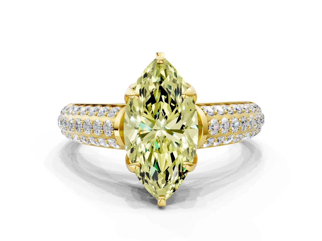 Yellow gold Fancy Yellow Marquise Cut Diamond Solitaire Ring with Three-Row Pavé Band and Four-Prong Setting_17