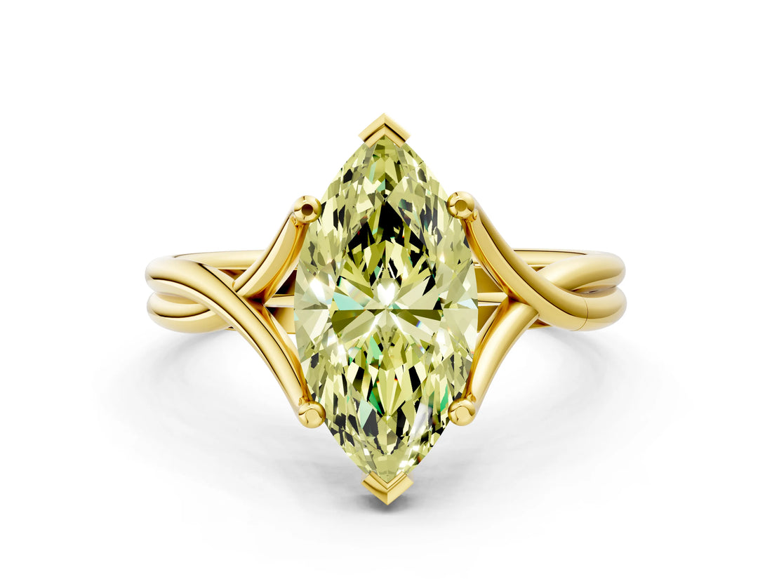 Yellow gold Fancy Yellow Marquise Cut Diamond Solitaire Twist Band Prong Setting Ring_67